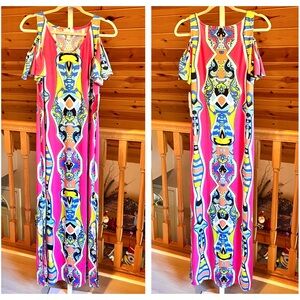 Ivy Lane Vibrant Multicolor Cold Shoulder Geometric Print Maxi Dress Size S NWT